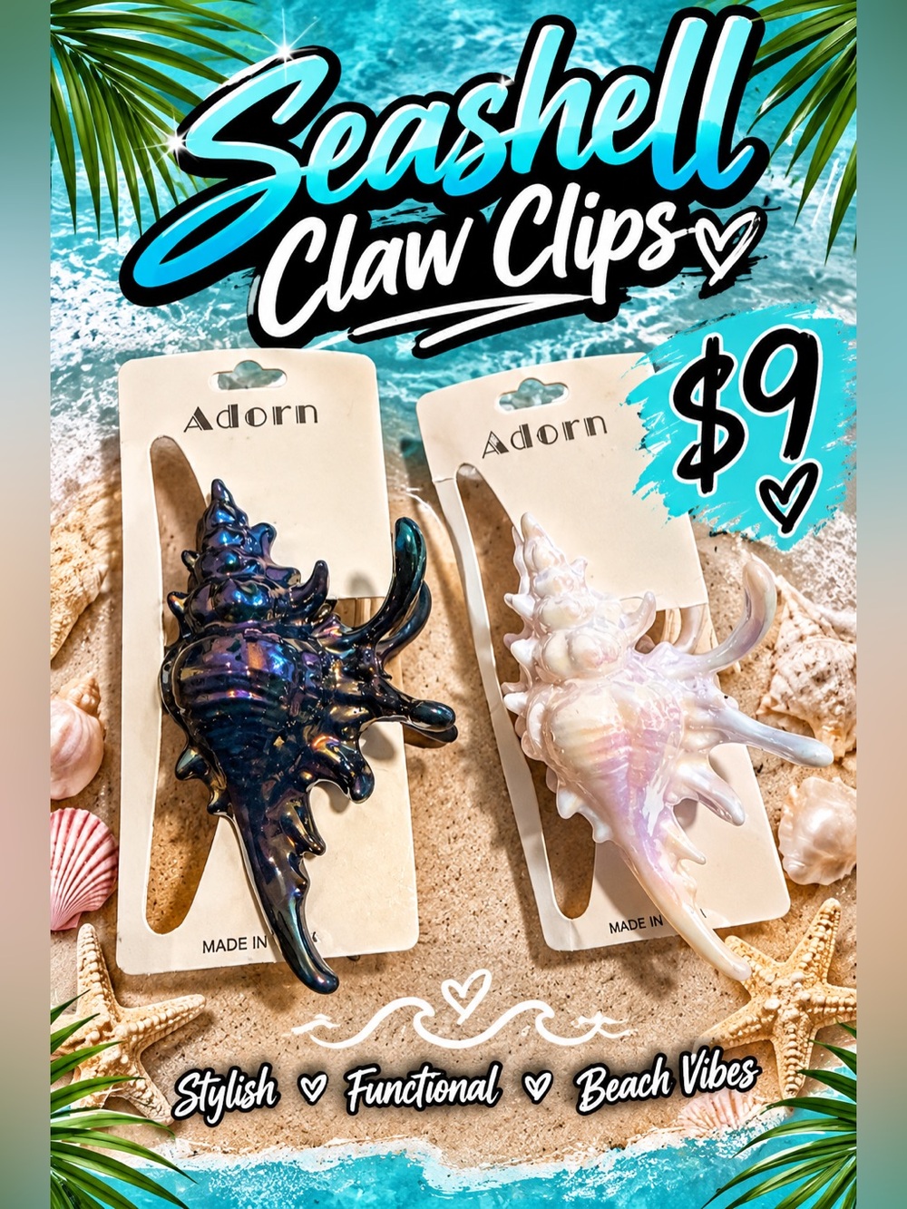 Seashell Claw Clip - Iridescent Blue or Pearl White